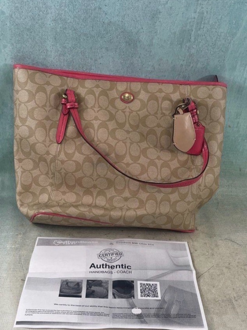 Coach Signature C Khaki Pink Leather Trim Tote Shoulder Bag Y2K
